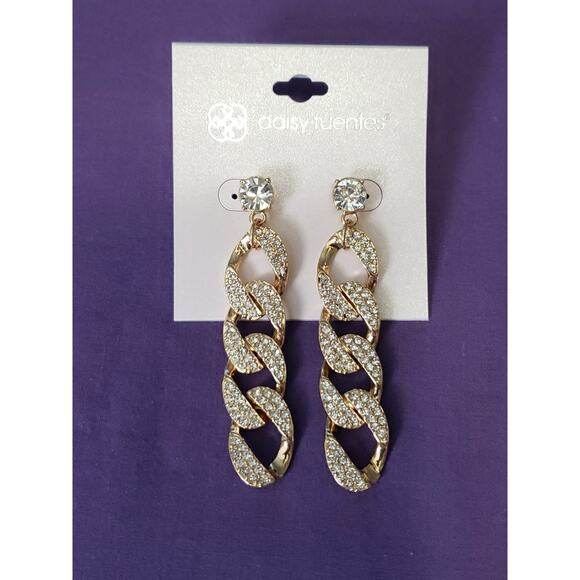 Daisy Fuentes Long Dangle Statement Earrings Gold Tone Clear Rhinestones New - Picture 1 of 6